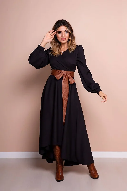 robe à manches longues et coupe asymétrique avec Ceinture en cuir noir beige dress REF:210-SYH-TBKMR