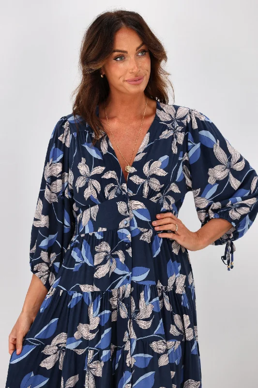 Salty Bright River Floral Midi Dress Navy