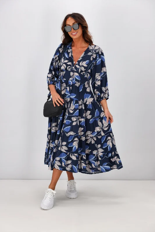 Salty Bright River Floral Midi Dress Navy