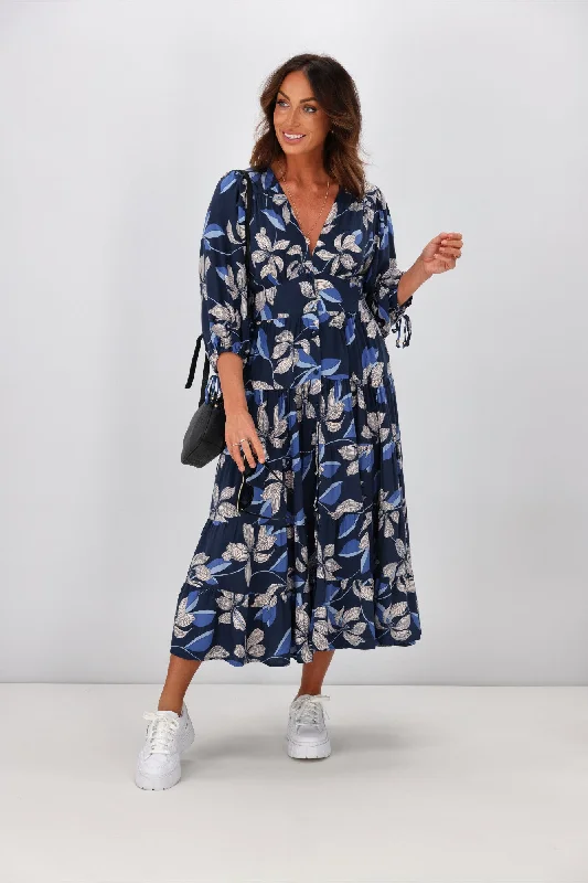 Salty Bright River Floral Midi Dress Navy