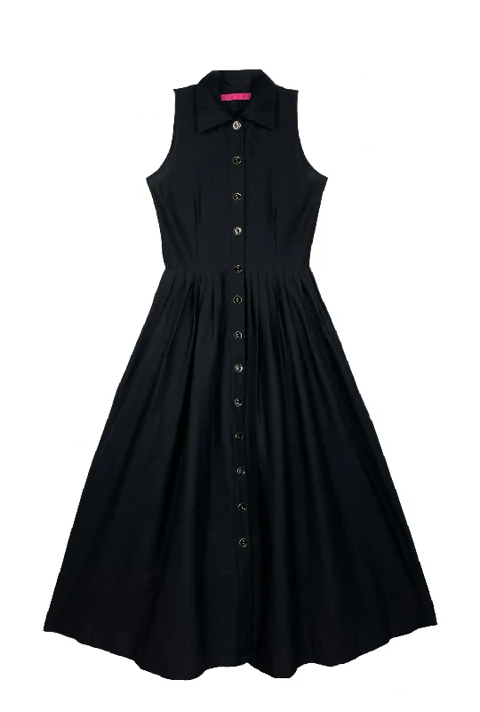 Sleeveless Placket Front Shirtdress- Black Poplin