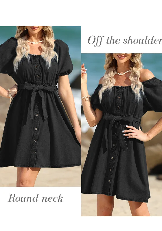 Soft Black Women's Off the Shoulder Puff Sleeve A-Line Denim Dress with Belt