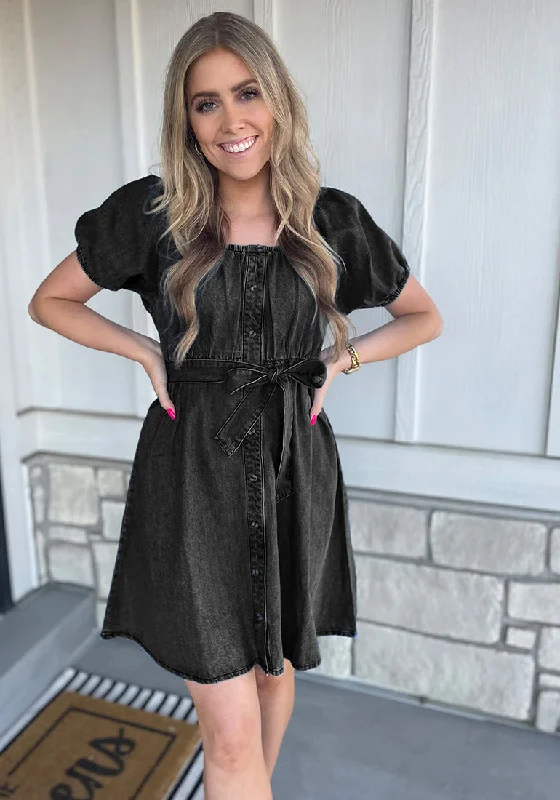 Soft Black Women's Off the Shoulder Puff Sleeve A-Line Denim Dress with Belt