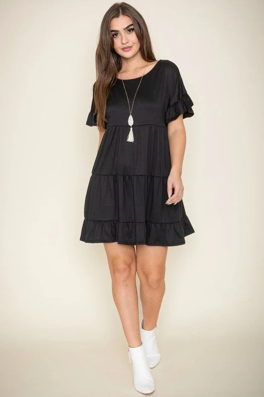 Solid Ruffle Sleeve Tiered Dress