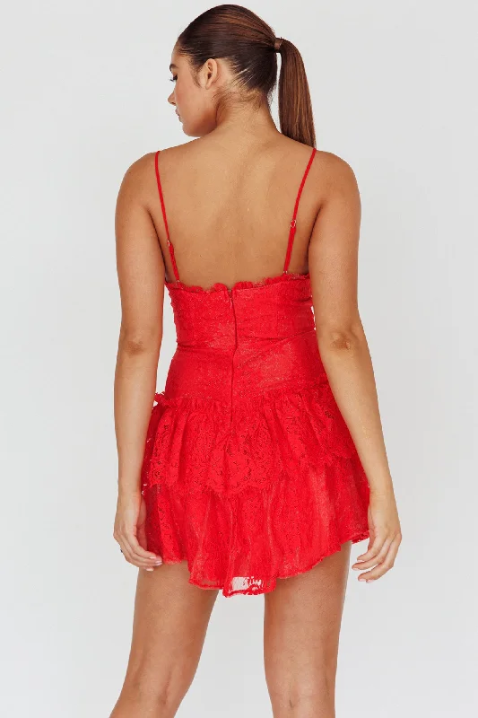 St Tropez Cami Strap Frill Trim Lace Mini Dress Red