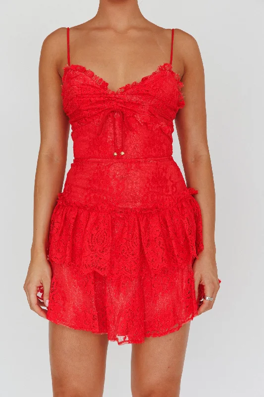 St Tropez Cami Strap Frill Trim Lace Mini Dress Red