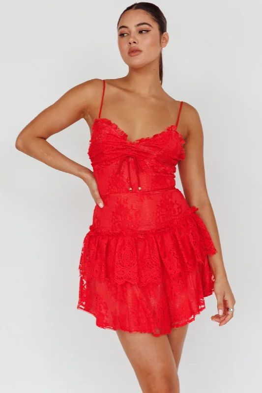 St Tropez Cami Strap Frill Trim Lace Mini Dress Red