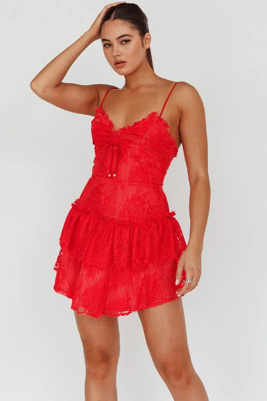 St Tropez Cami Strap Frill Trim Lace Mini Dress Red