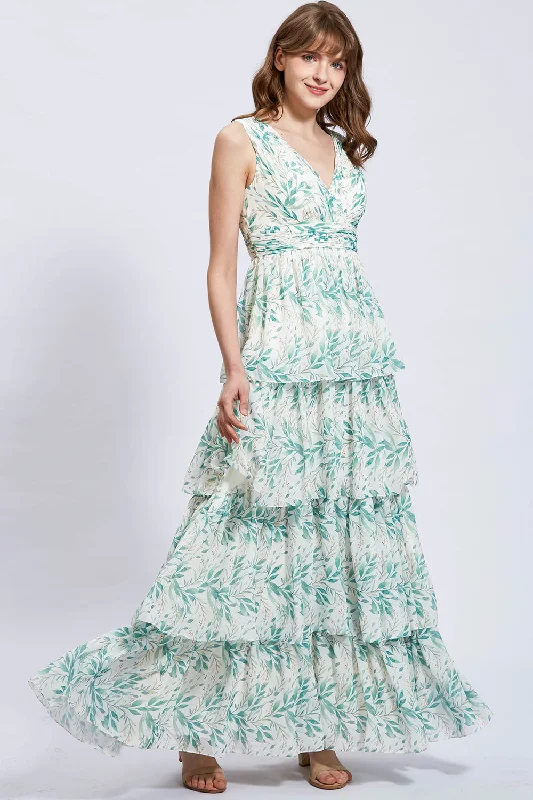 Straps V Neck Floral Chiffon Sage Tiered Formal Evening Gown