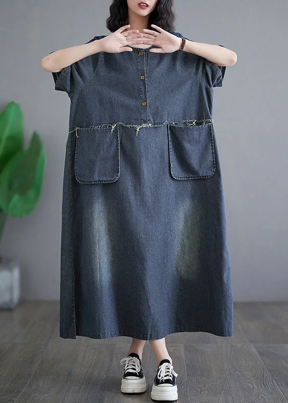 Vintage Denim Blue Patchwork Side Open Button Maxi Dresses Short Sleeve GH1045