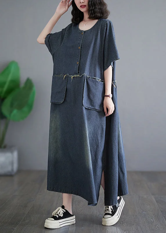 Vintage Denim Blue Patchwork Side Open Button Maxi Dresses Short Sleeve GH1045