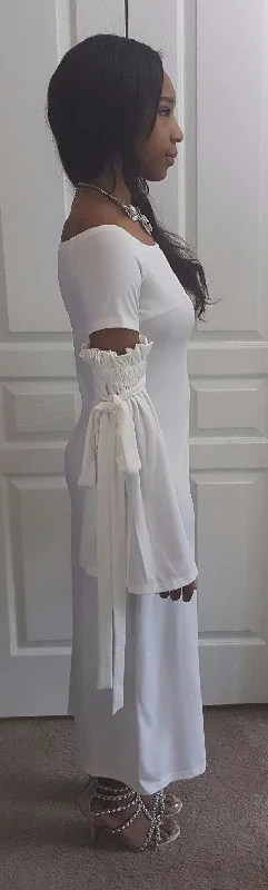 White Off Shoulder Drop Tie Sleeve Dress