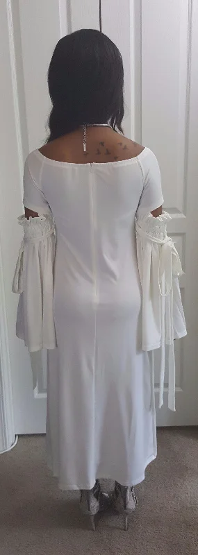 White Off Shoulder Drop Tie Sleeve Dress