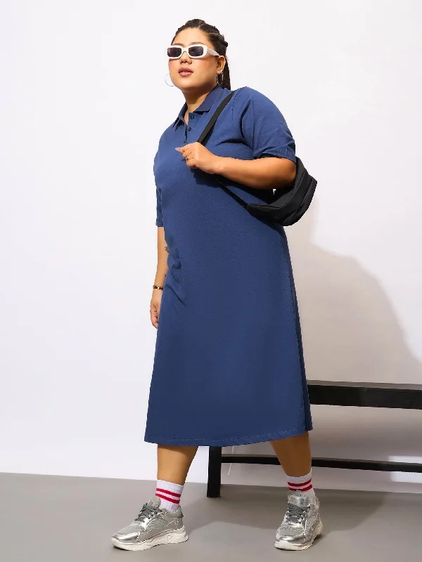 Women Navy Blue Polo Neck T Shirt Dress