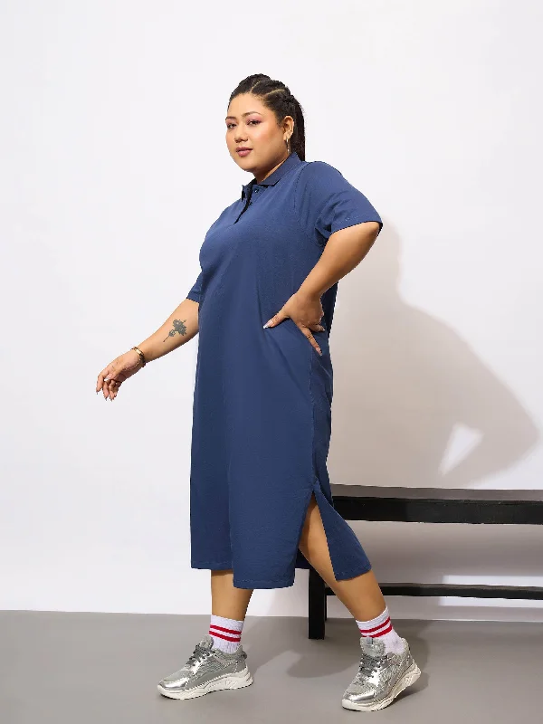 Women Navy Blue Polo Neck T Shirt Dress