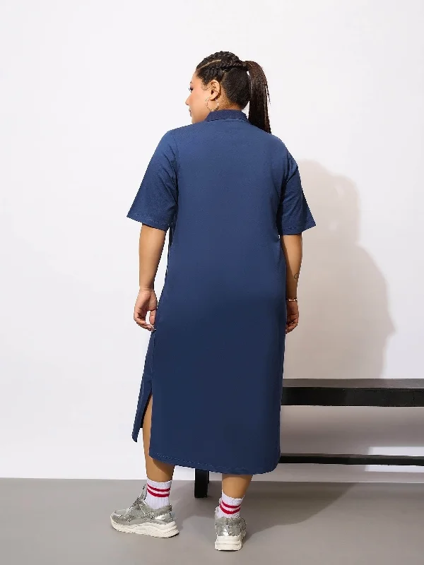 Women Navy Blue Polo Neck T Shirt Dress