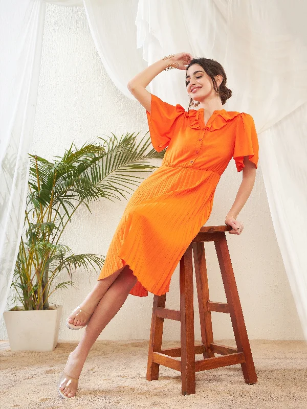 Women Orange Frill Neck Accordion Pleated Midi Dress