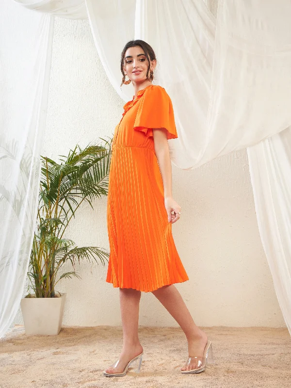 Women Orange Frill Neck Accordion Pleated Midi Dress