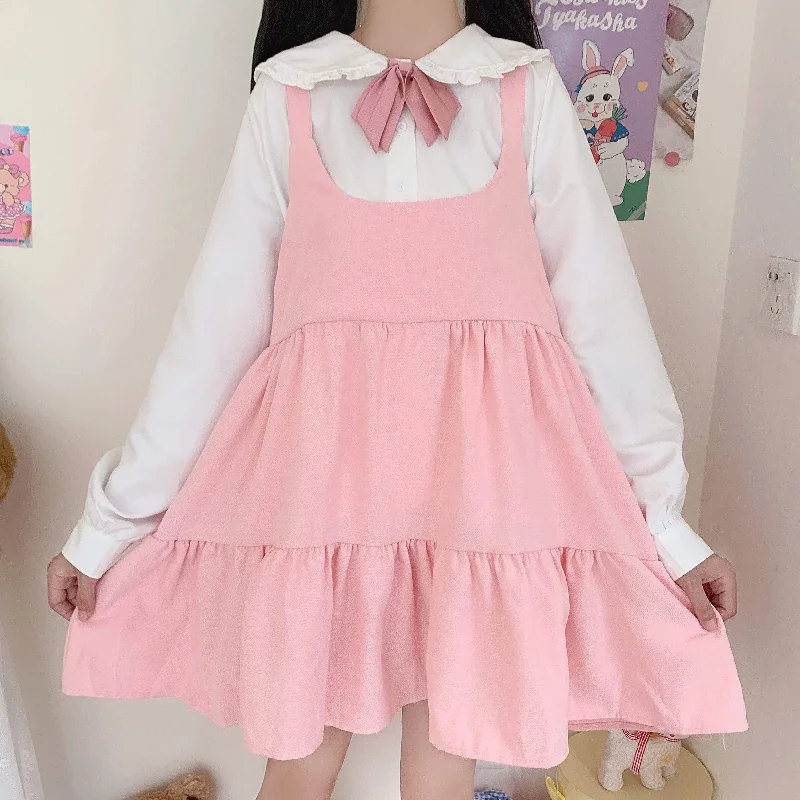 Women's Sweet High-waisted Pure Color Ruffles Overall Dresses With Bunny Ears Hood  Shirts