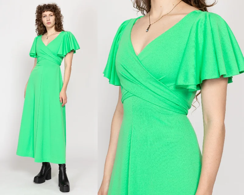 XS 70s Bright Green Flutter Sleeve Party Gown