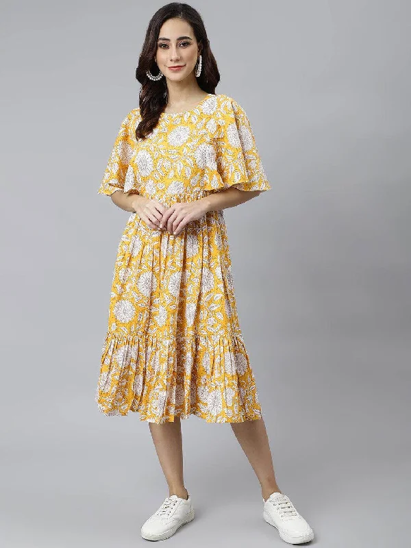 Yellow Cotton Floral Print Flared Western Dress