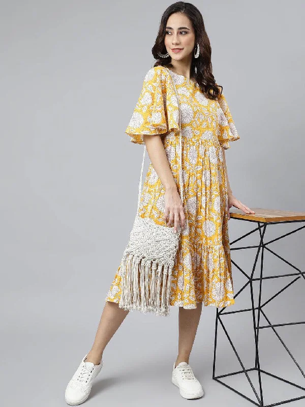 Yellow Cotton Floral Print Flared Western Dress