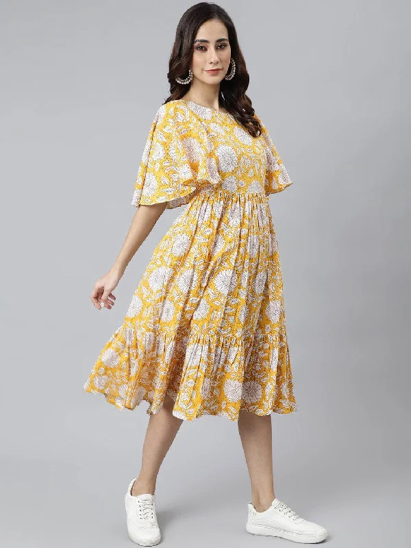 Yellow Cotton Floral Print Flared Western Dress